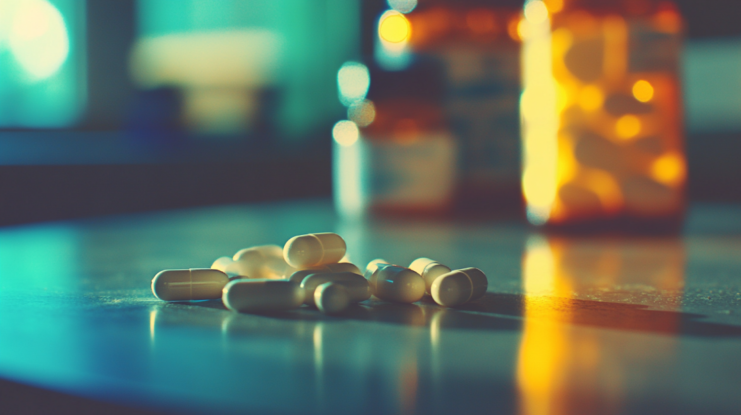 The Image Shows Several White Capsules Scattered on A Reflective Surface, with Blurred Pill Bottles in The Background, Illustrating the Concept of Medication, Particularly Antibiotics, and Their Potential Impact on Gut Microbiota