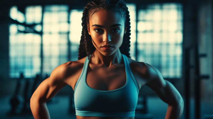 A Focused Fitness Professional Stands Confidently in A Gym, Highlighting Strength and Determination